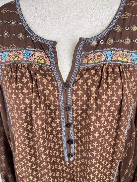 Krista Lee Tunic Top NWT S Boho Embroidered Beaded Brown Oversized Peasant Top - Picture 2 of 10